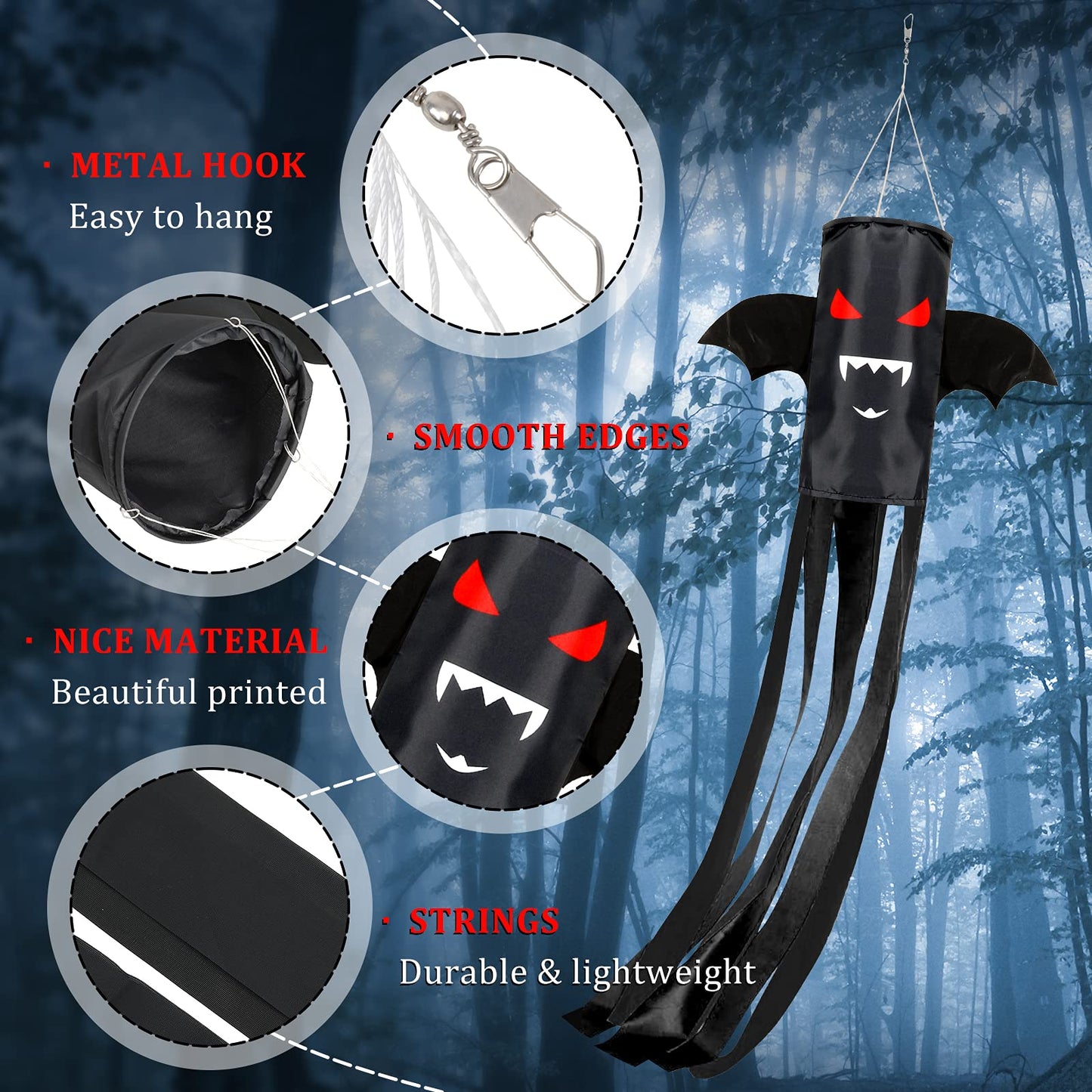 Whaline 4 Pieces Halloween Windsock Flag 39 in Spooky Cartoon Wind Socks Pumpkin Bat Ghost Monster Outdoor Hanging Decor Halloween Yard Signs for Home Patio Lawn Garden Tree Pathway Party Decoration