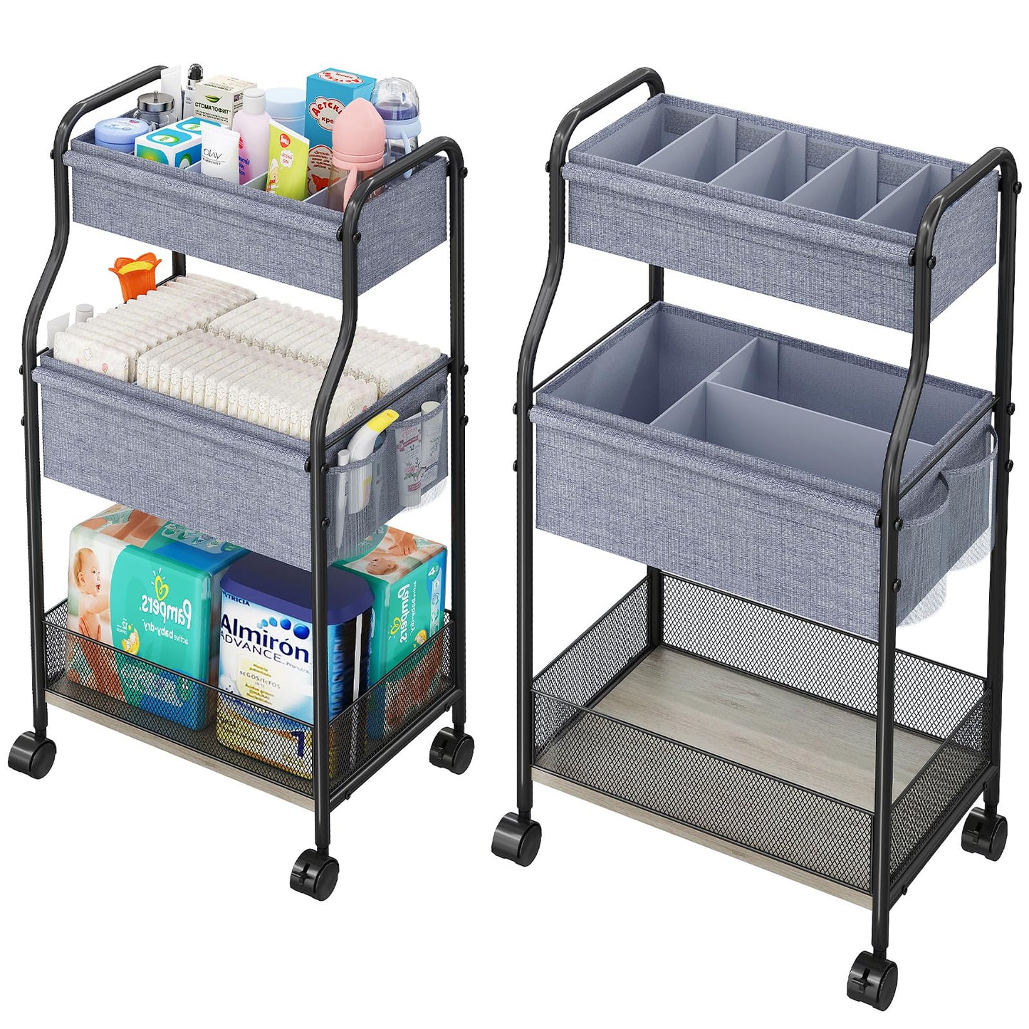 3-Tier Baby Diaper Caddy Organizer and Storage Cart with 4+2 Dividers, Mobile Metal Utility Cart with Rolling Wheels for Nursery Essentials, Large Capacity Rolling Carts for Crib, Bedroom, Bathroom