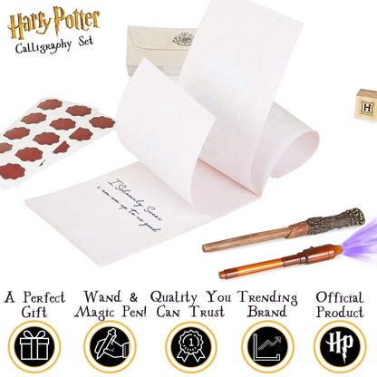 Harry Potter Calligraphy Set with Notepad Wand Pen Magic Invisible Ink Pen Envelopes Paper Cool Stickers Ink Stamp Fun Hogwarts Stationary Gift for Kids