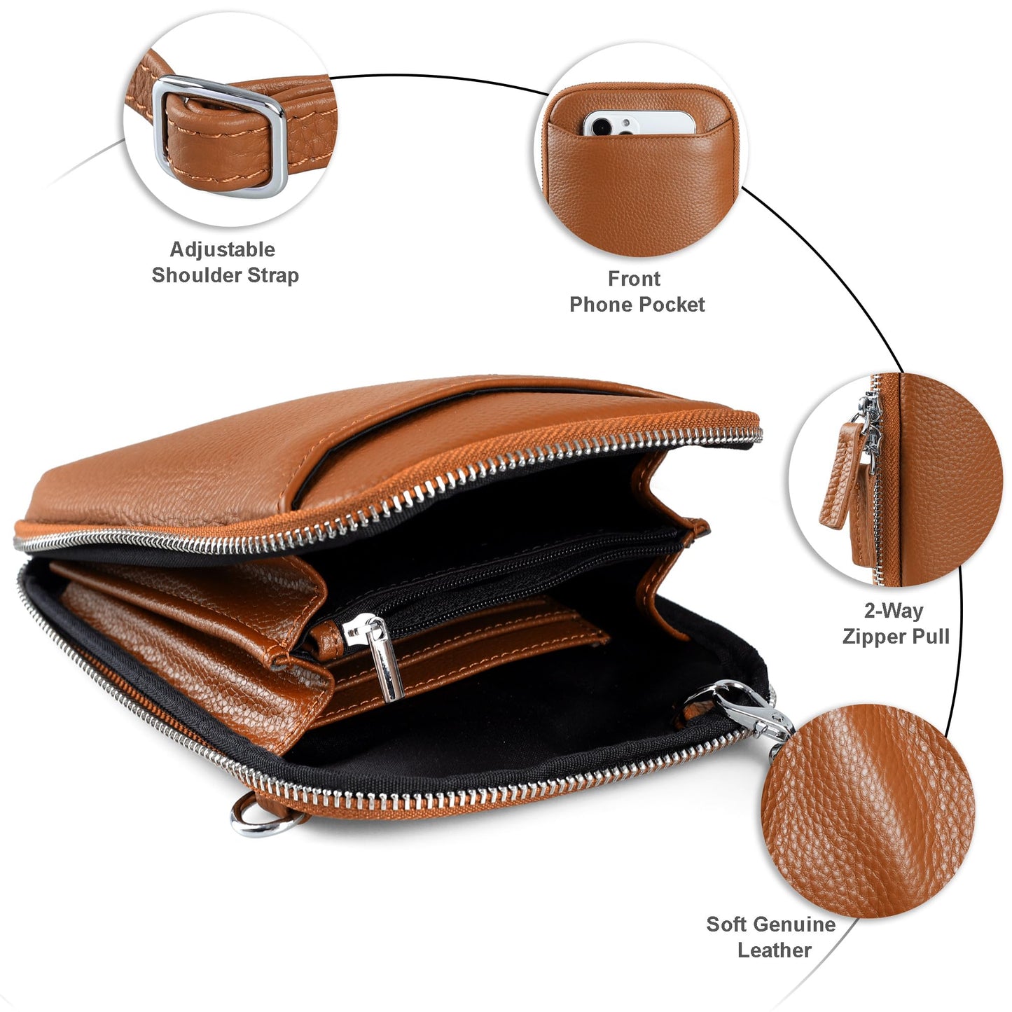 befen Genuine Leather Brown Small Crossbody Bag Wallet Purse RFID Purses for Women Crossbody Anti Theft - Cognac Brown