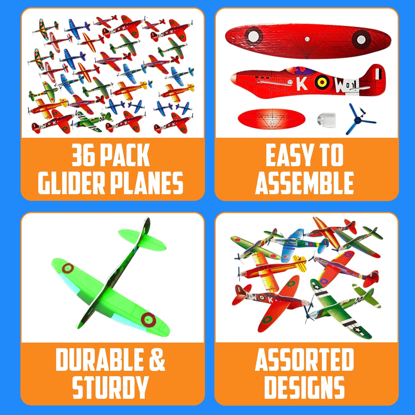 Bedwina Glider Planes Bulk (36-Pack) 8-Inch Bomber Airplane Gliders for Kids, Foam Paper Airplane Construction Kits for Kids Party Favors, Birthdays, Goodie Bag Stuffers and Outdoor Flying Toy