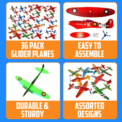 Bedwina Glider Planes Bulk (36-Pack) 8-Inch Bomber Airplane Gliders for Kids, Foam Paper Airplane Construction Kits for Kids Party Favors, Birthdays, Goodie Bag Stuffers and Outdoor Flying Toy