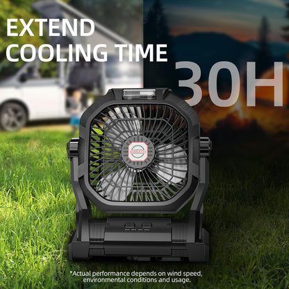 Camping Fan Rechargeable, 20000mAh Battery Powered Portable Fan with LED Light & Hook, 4-Speed 270° Adjustable, Camping Essentials for Tent, Travel, Car, Outdoor, Indoor, BBQ, Fishing, Jobsite