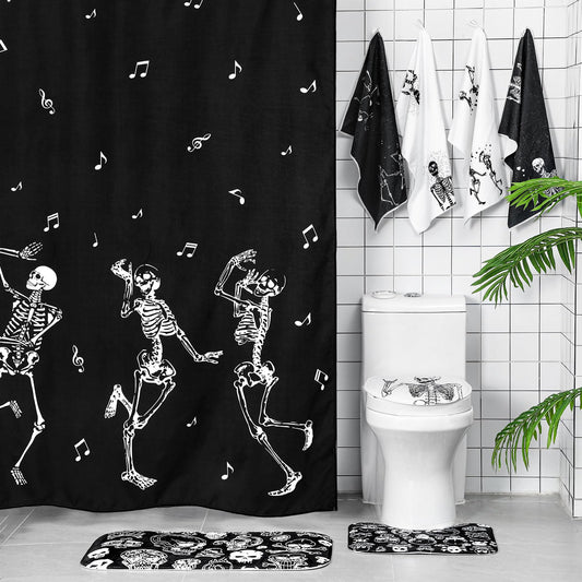 Honoson 8 Pcs Skeleton Shower Curtain Set with Rugs and Kitchen Towels Skeleton Farmhouse Shower Curtain Bathroom Set for Farmhouse Country Summer Halloween Housewarming Gifts Decor