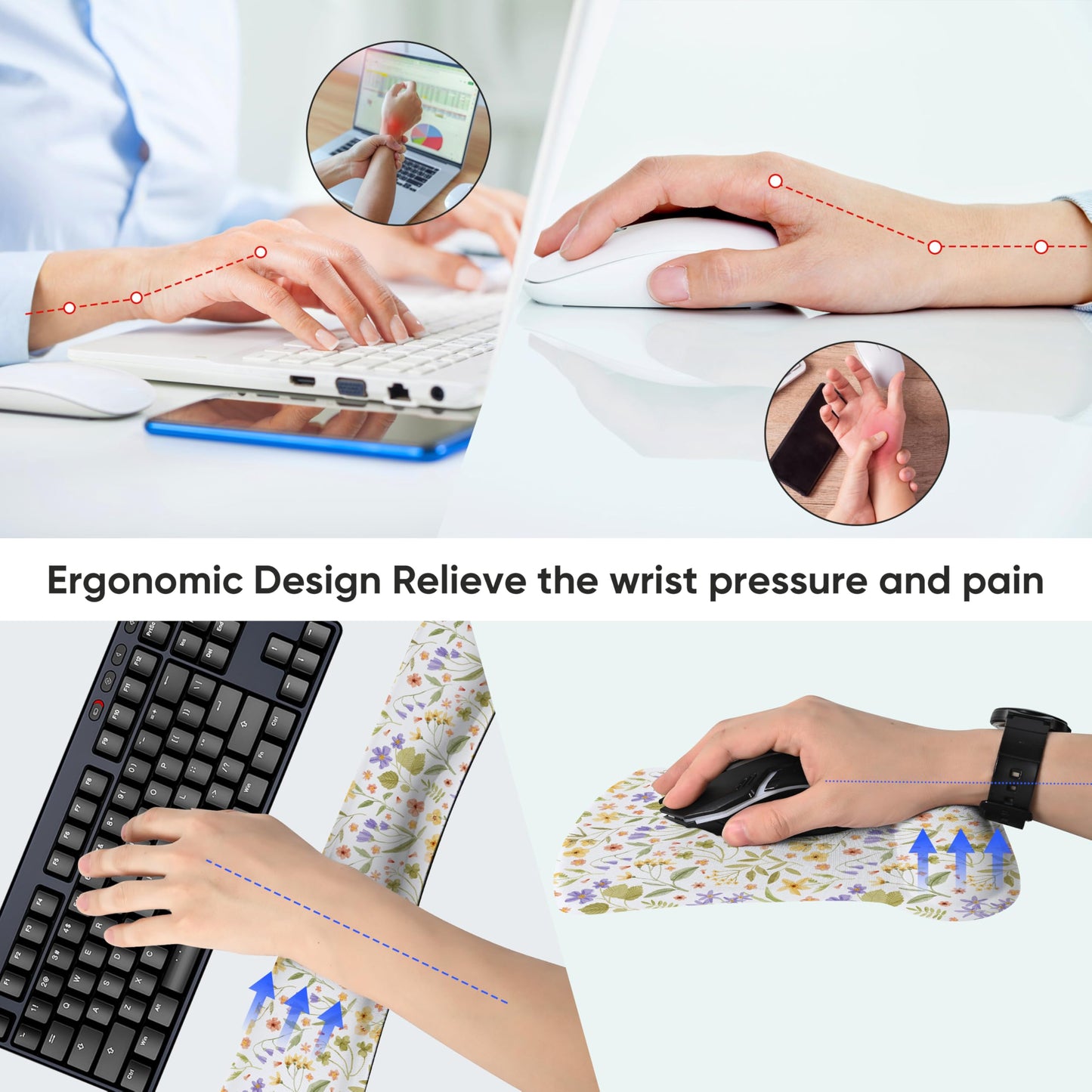 AUPET Mouse Pad Keyboard Wrist Rest Set,Ergonomic Memory Foam Mouse Pads Wrist Support Set,Non-Slip Base, Smooth Surface, Pain Relief for Gaming,Office (Pressed Flower Art)