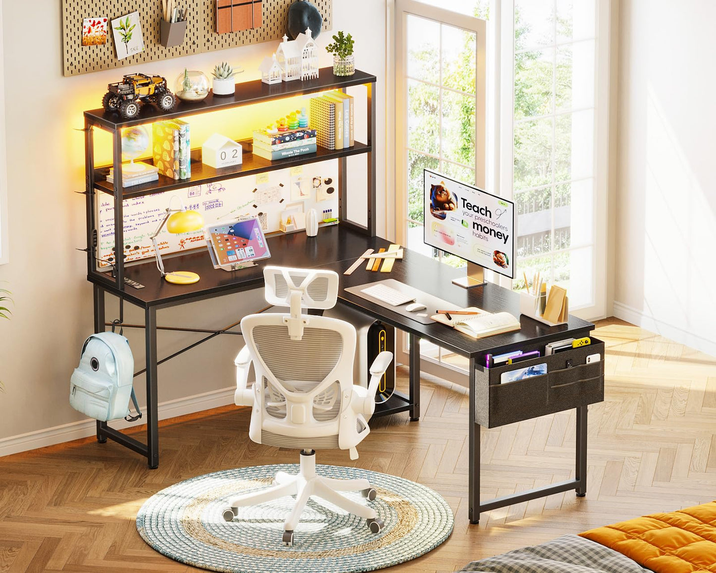 AODK L Shaped Desk Gaming Desk with LED Light & Power Outlet, 53 Inch Reversible L Shaped Computer Table with Shelf & Storage Bag & Hook for Home Office, Black