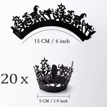 Whaline 60 Pack Halloween Cupcake Wrappers Spiderweb/Witch/Castle Laser Cut Paper Liners Holders for Halloween Party Wedding Birthday Decoration (Black)