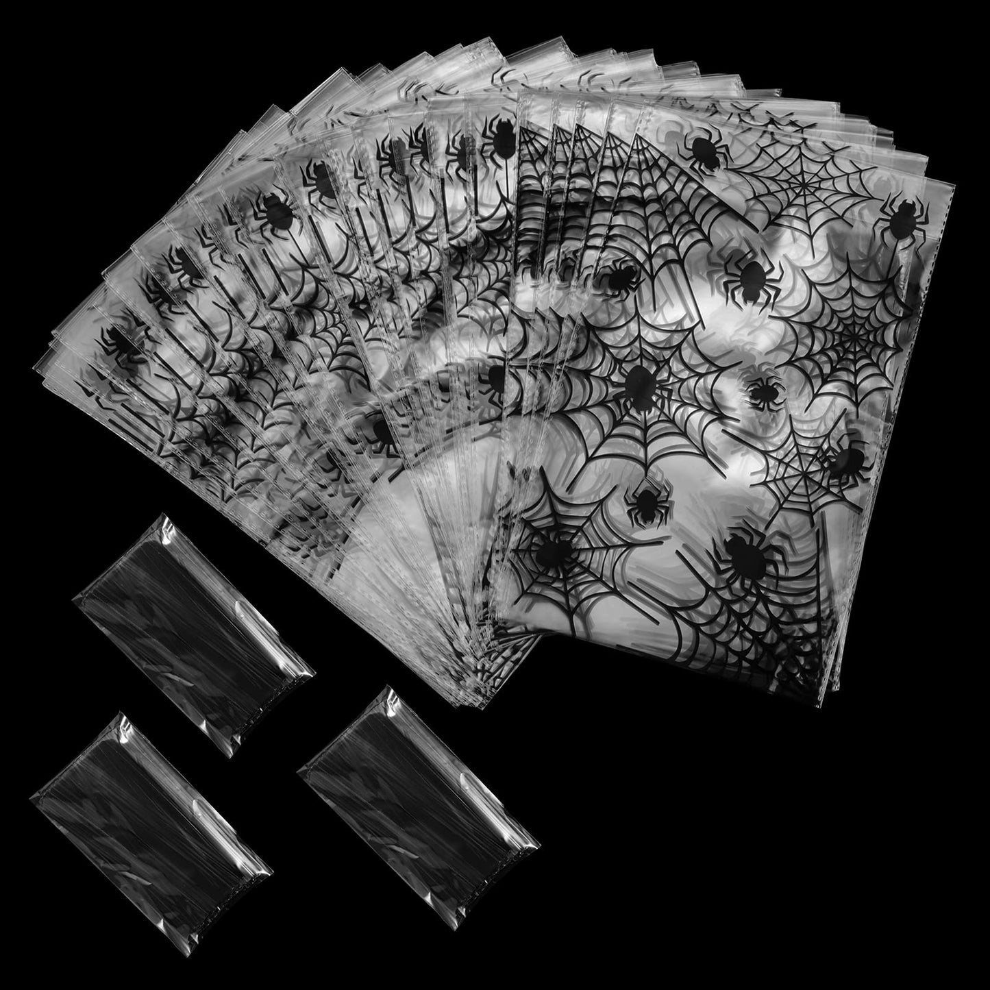 HESTYA 50 Counts 15 x 25 cm Halloween Cellophane Treat Bags Spider Clear Candy Bags with 400 Piece Twist Ties for Halloween Party Favor Supplies
