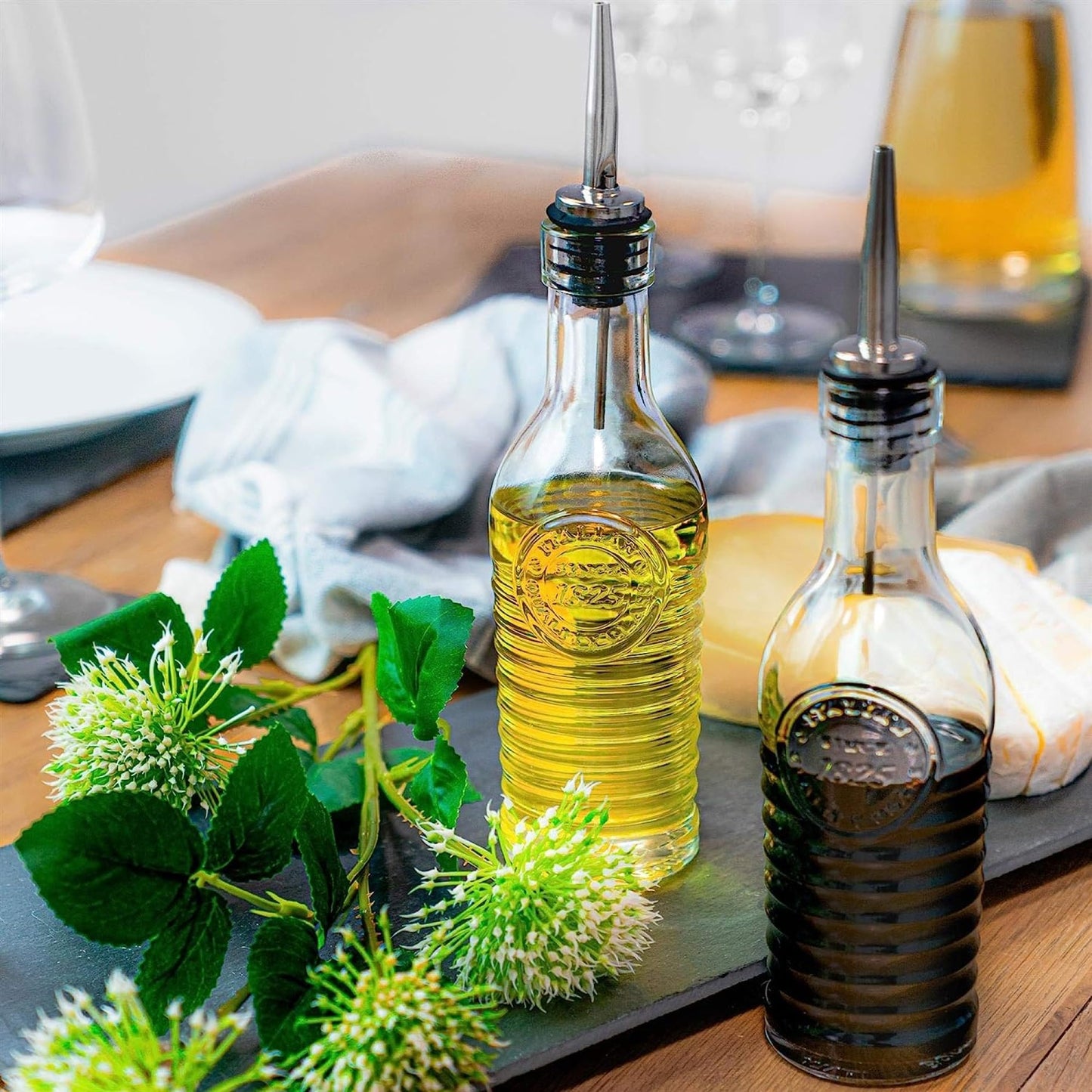 BORMIOLI ROCCO Officina 1825 Olive Oil/Vinegar Glass Bottles Stainless Steel Pouring Spout 268 ml (Pack of 2)