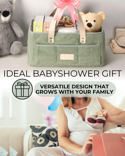 Baby Diaper Caddy Organizer with Portable Changing Mat - Teddy Fleece Diaper Organizer for Changing Table - Baby Basket for Diaper Changing Essentials - Baby Caddy Organizer with Removable Dividers