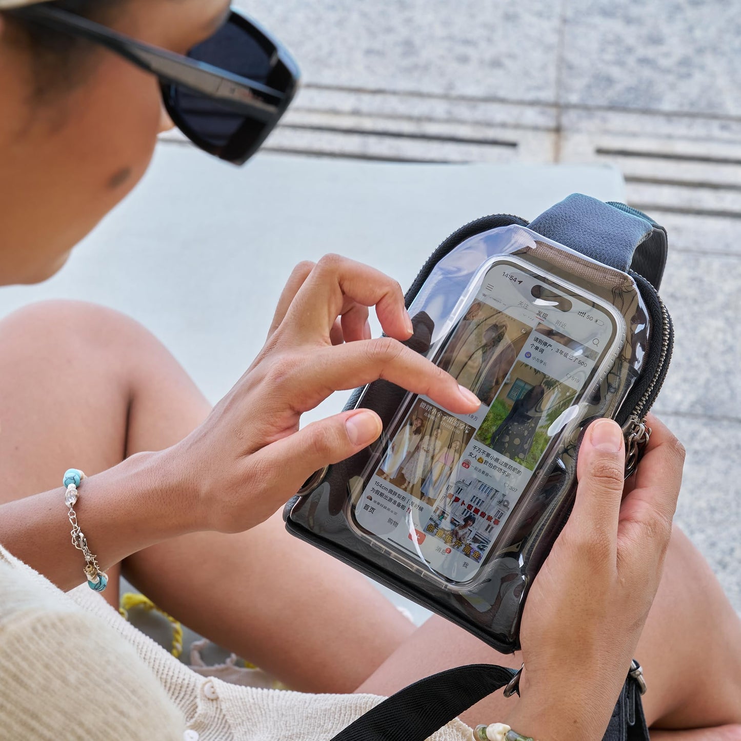 INICAT Sling Bag for Women Touchscreen Small Crossbody Cell Phone Purse Fanny Pack（White Brown Anti Theft Small)