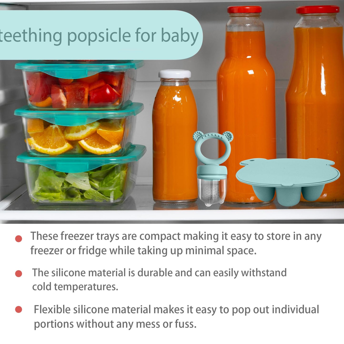 BigSpinach Silicone Baby Food Freezer Tray with Teething Popsicle Molds - Baby Fruit Feeder and Breastmilk Teether Combo