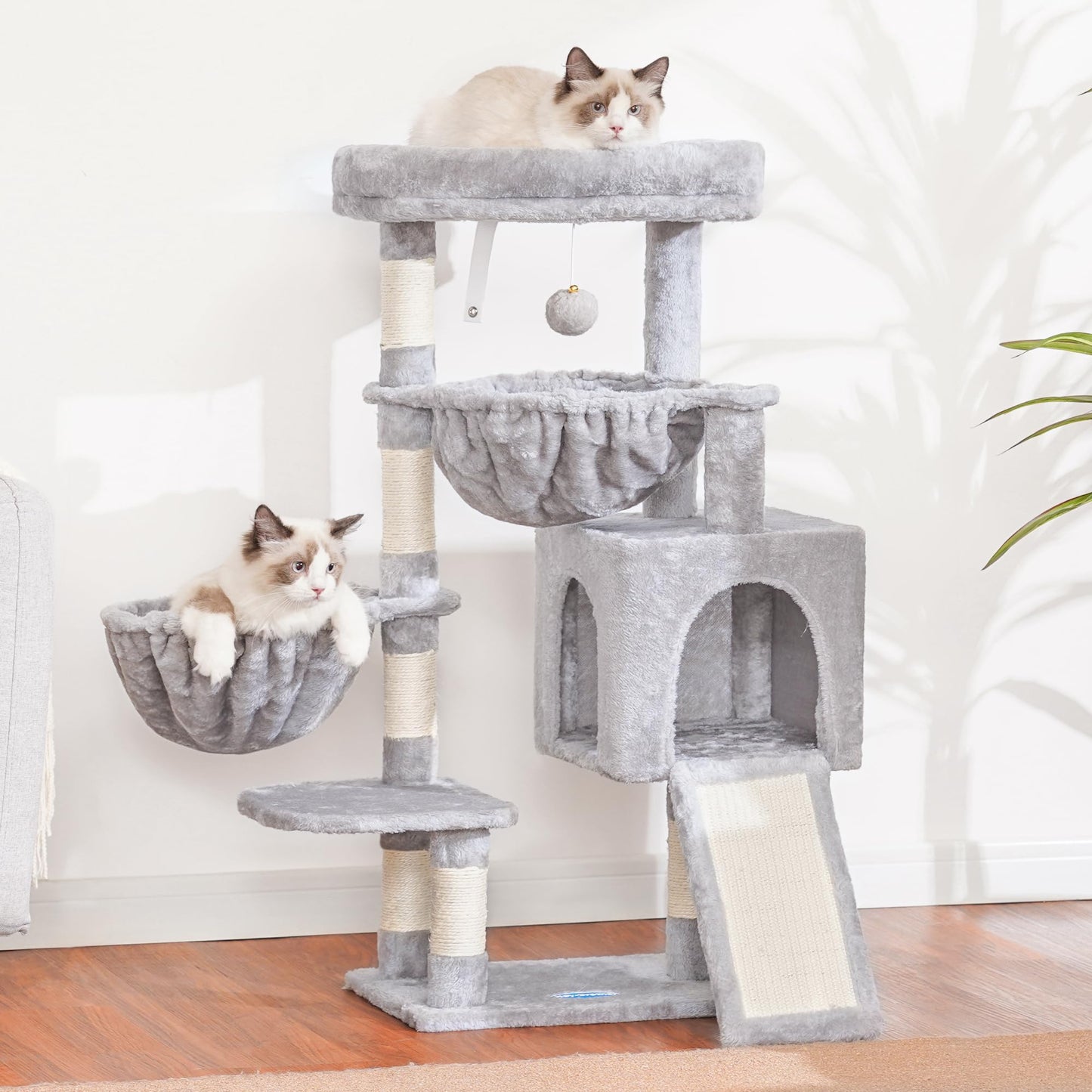 Hey-brother Cat Tree, Cat Tower for Indoor Cats, Cat House with Large Padded Bed, Cozy Condo, Hammocks, Sisal Scratching Posts, Big Scratcher, Light Gray MPJ006SW