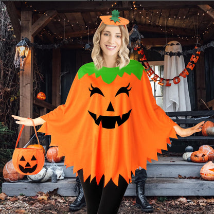 HEYFIZZ 3 PCS Pumpkin Costume for Women,Halloween Pumpkin Poncho for Adults,Halloween Costume for Women with Accessories