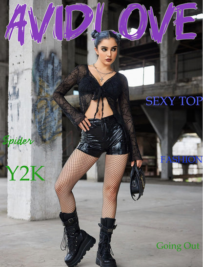 Avidlove Festivals Outfits for Women Rave Tie Front Tops See Through Crop Top V Neck Rave Outfits Spider M