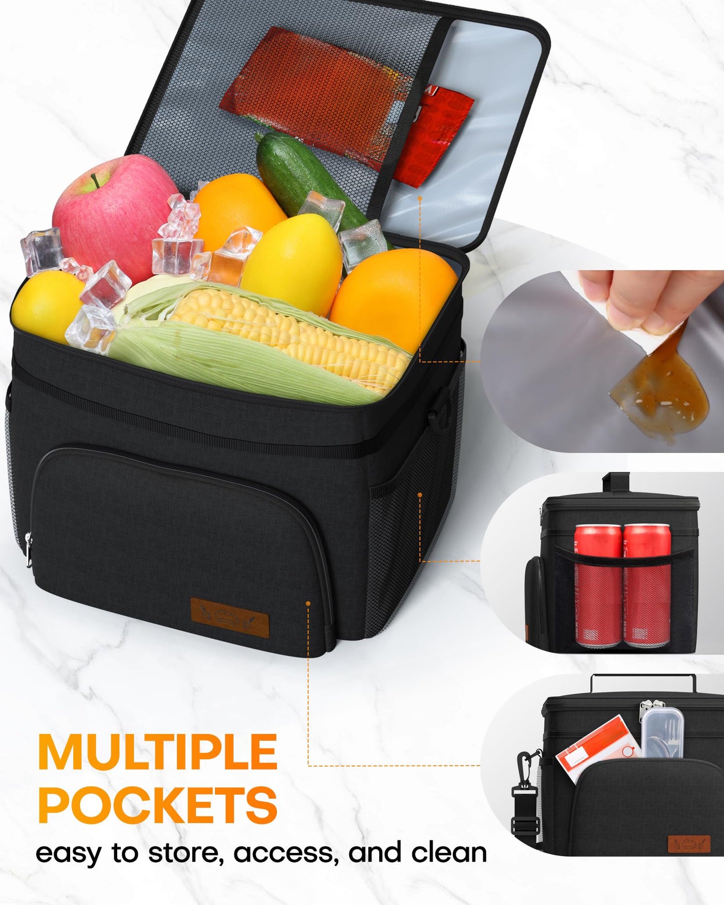 HOTOR Insulated Lunch Box for Men & Women - Leak-Proof Cooler Lunch Bag with 4 Pockets, Adjustable Strap, Ideal for Work, Picnic, Travel - Medium, Black, 10.2"×6.9"×8.5"