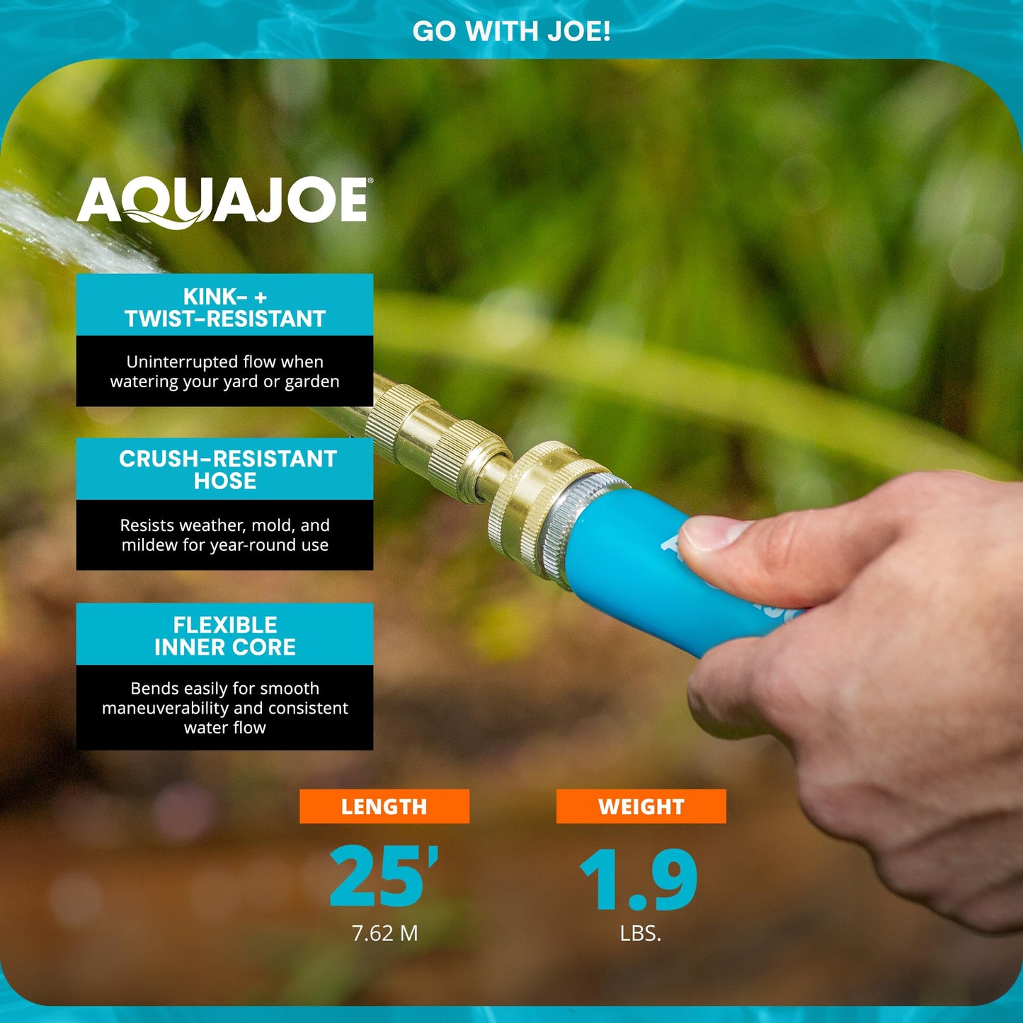 Aqua Joe AJFJH25-58-PRO FiberJacket Non-Expanding Kink-Free Garden, RV, Marine and Camper Hose, Ultra-Lightweight, Drinking Water Safe, ft, 25-Foot x 5/8-Inch