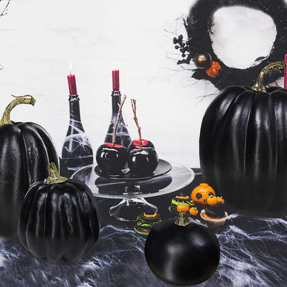 Winlyn 7 Pcs Assorted Artificial Black Pumpkins Halloween Faux Rustic Decorative Foam Pumpkins for Fall Halloween Thanksgiving Tabletop Centerpiece Mantel Kitchen Decor