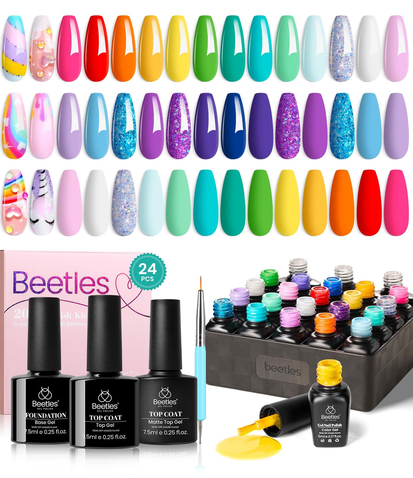 Beetles Halloween Gel Nail Polish Set, 24 Pcs Purple Blue Hot Red Gel Nail Polish Green Glitter Gel Polish Unicorn Collection Soak off UV with Glossy & Matte Top Base Gift for Women