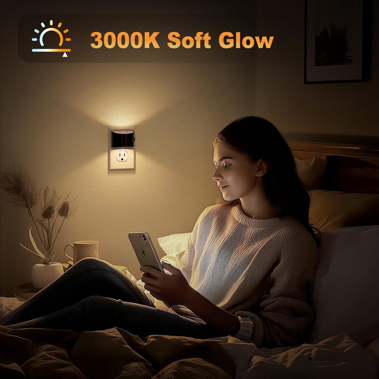 JandCase Night Light, Automatic Night Lights Plug into Wall,2 Pack Dusk to Dawn Sensor Nightlight, 3000K Soft White Brightness Adjustable Nightlight for Kids Bedroom Hallway Kitchen Decor