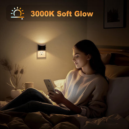 JandCase Night Light, Automatic Night Lights Plug into Wall,2 Pack Dusk to Dawn Sensor Nightlight, 3000K Soft White Brightness Adjustable Nightlight for Kids Bedroom Hallway Kitchen Decor