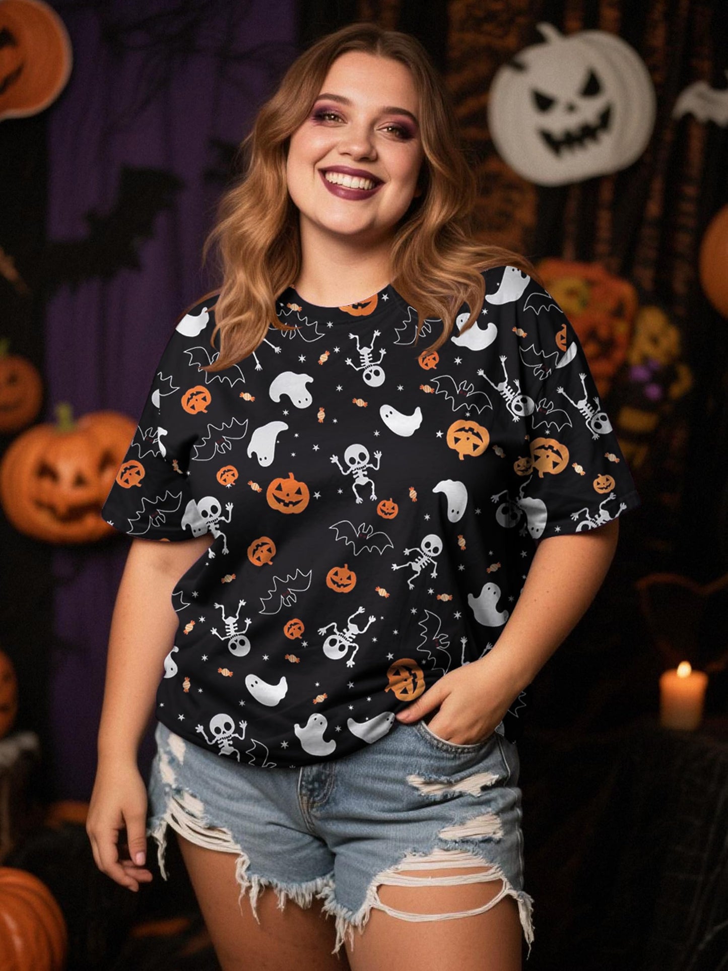 Anbech Women Plus Size Halloween Tops Pumpkin Grapchic Thanksgiving T-Shirt (Full Black, 4XL)