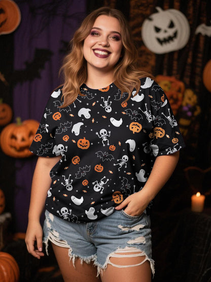Anbech Women Plus Size Halloween Tops Pumpkin Grapchic Thanksgiving T-Shirt (Full Black, 4XL)