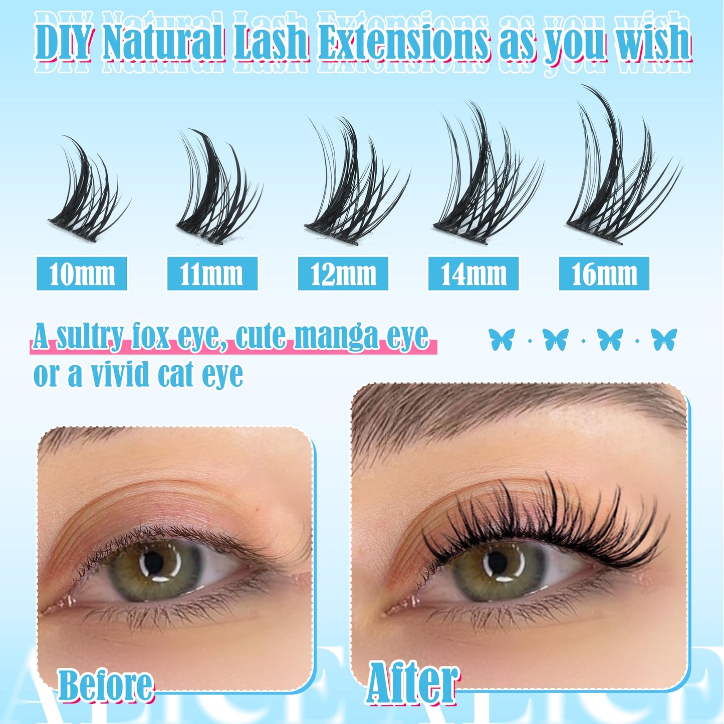 ALICE Natural Lash Clusters DIY Lash Extensions Wispy Eyelash Clusters Anime Cat Eye Cluster Eyelash Extensions10-16mm Individual Lashes 144pcs