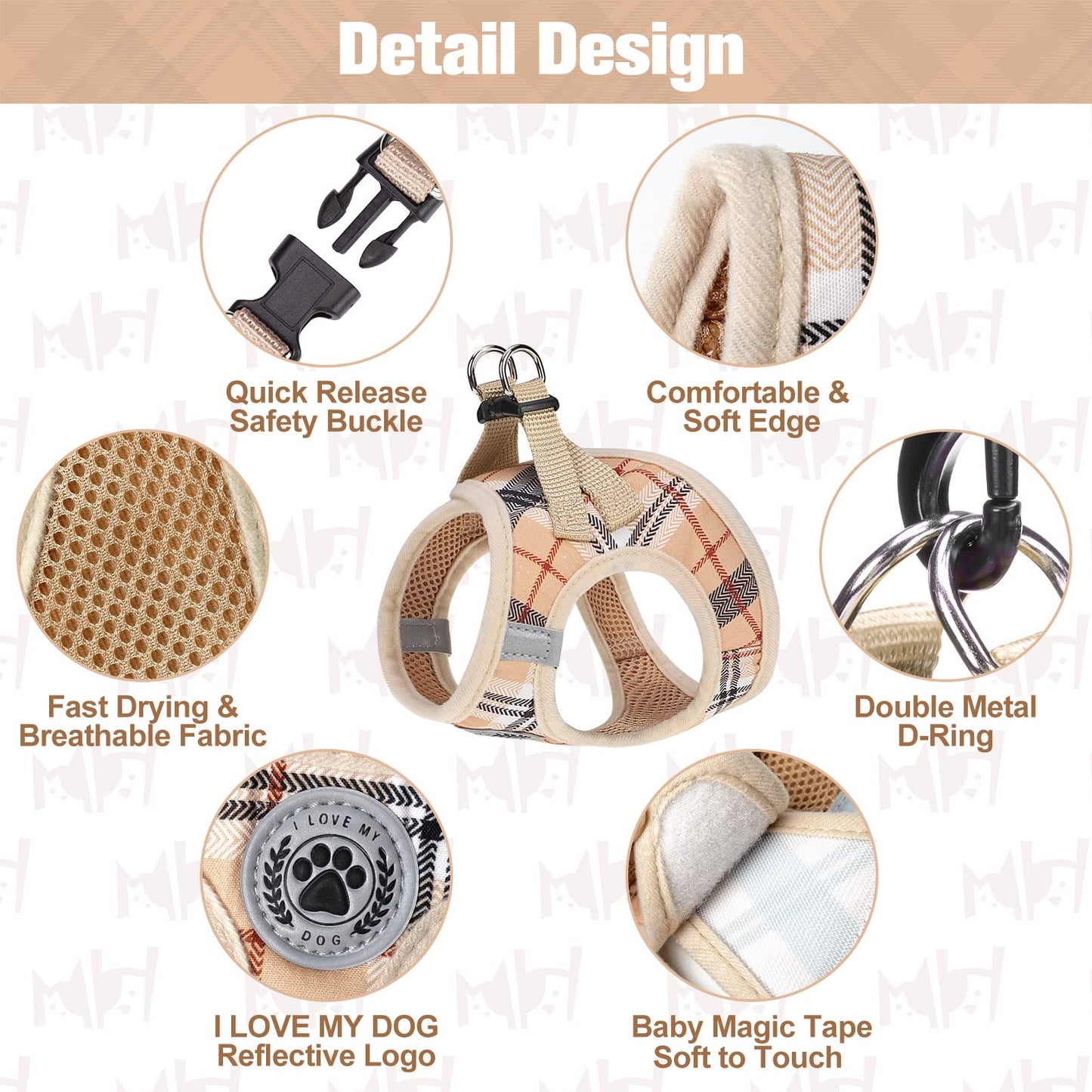 BEAUTYZOO Small Dog Harness and Leash Set,Step in No Choke No Pull Soft Mesh Dog Harnesses Reflective for Extra-Small Medium Puppy Dogs and Cats, Plaid Dog Vest Harness for XS S Pets, Beige XS