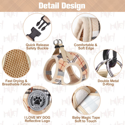 BEAUTYZOO Small Dog Harness and Leash Set,Step in No Choke No Pull Soft Mesh Dog Harnesses Reflective for Extra-Small Medium Puppy Dogs and Cats, Plaid Dog Vest Harness for XS S Pets, Beige XS