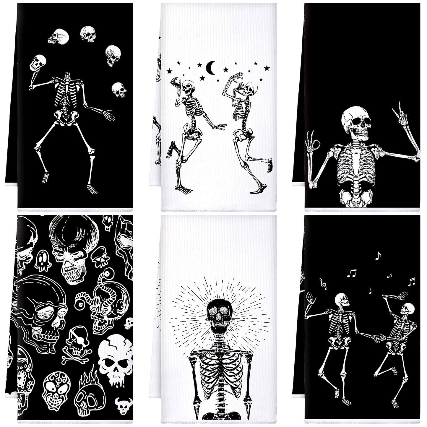 Bencailor 6 Pcs Halloween Skull Kitchen Towels Skeleton Dish Hand Towels Gothic Skull Tea Washcloth for Halloween Party Gifts Bathroom Kitchen Decor 24 x 16''