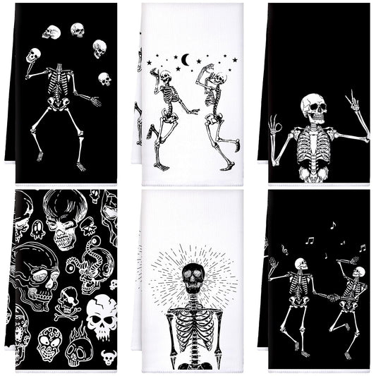 Bencailor 6 Pcs Halloween Skull Kitchen Towels Skeleton Dish Hand Towels Gothic Skull Tea Washcloth for Halloween Party Gifts Bathroom Kitchen Decor 24 x 16''