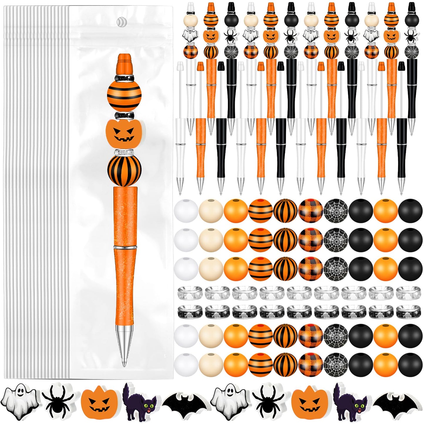 Zhanmai 197 Pcs Halloween Beadable Pen Bulk DIY Pens Making Kit 24 Assorted Bead Pens 101 Pumpkin Ghost Bat Spider Halloween Beads 24 Packaging Bags 48 Spacer Beads for Kids Office School Supplies