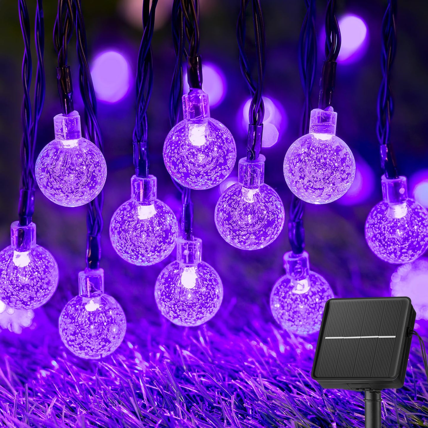 Brightown Purple Solar Halloween Lights - 60 Led 36 Feet Crystal Globe String Lights with 8 Modes, Waterproof for Outdoor Garden Yard Porch Decor
