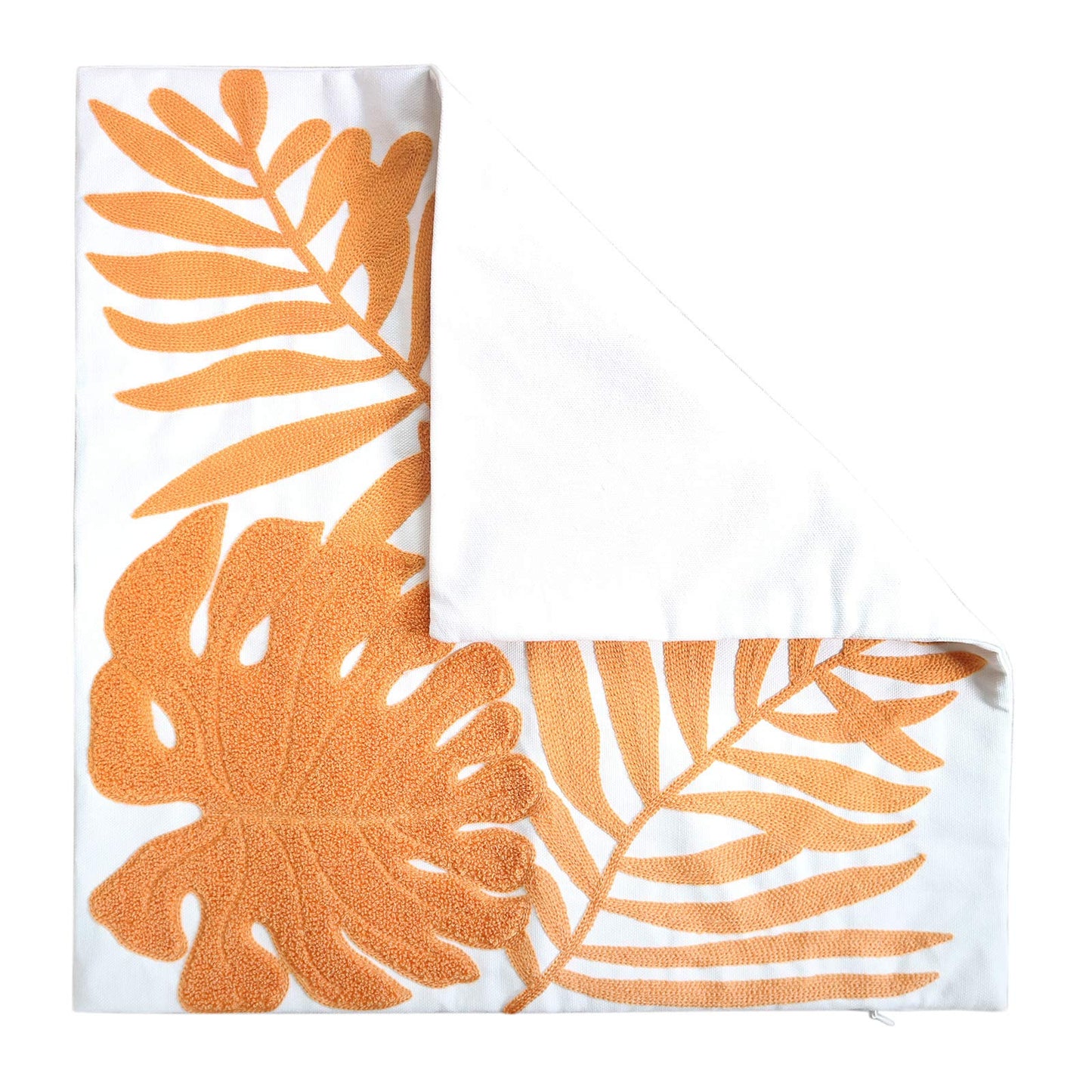 Hodeco Embroidery Throw Pillow Covers 18x18 Home Decor Floor Pillow Cover for Couch Bed Chair 100% Cotton Loop Embroidered Orange Tropical Leaves Cushion Cover Square Pillowcase 45x45cm, 1 Piece
