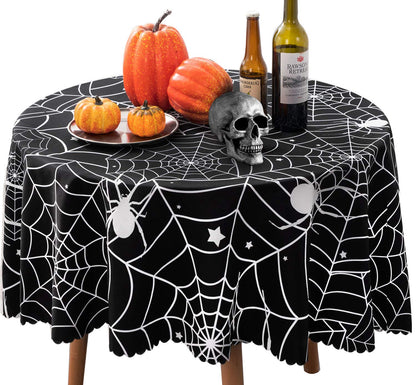 60 Inch Round Polyester Tablecloth, Halloween Black Spider Web Table Cloth, Spillproof Washable Polyester Table Cover - Perfect for Halloween Party Decorations