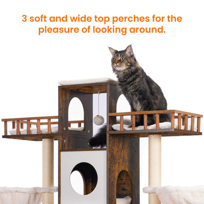 Heybly Cat Tree with Litter Box Enclosure for Indoor Big Cat, Cat Tower for Large Cats 20lbs Heavy Duty, Modern Cat Condo Furniture with Scratching Posts, Rustic Brown HCT110SR