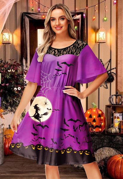 Womens Halloween Flutter Sleeve Dresses Lace Patchwork Vintage Flare Swing A-Line Dress XXL