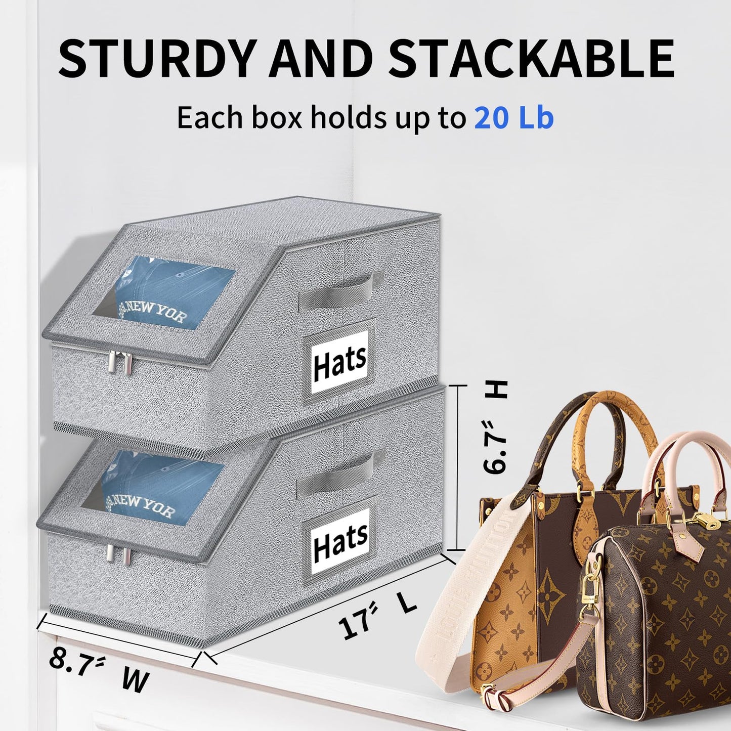 Hat Organizer for Baseball Caps - 2PCS Stackable Cap Storage with Clear Lid, Drawer & Flip-Top Access, Space-Saving Hats Box for Closet, Breathable Fabric, Grey