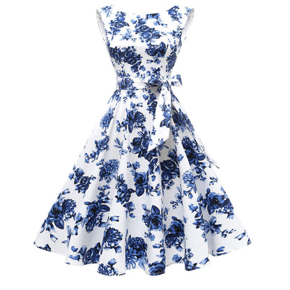 Hanpceirs Women's Boatneck Sleeveless Swing Vintage 1950s Cocktail Dress Porcelain M