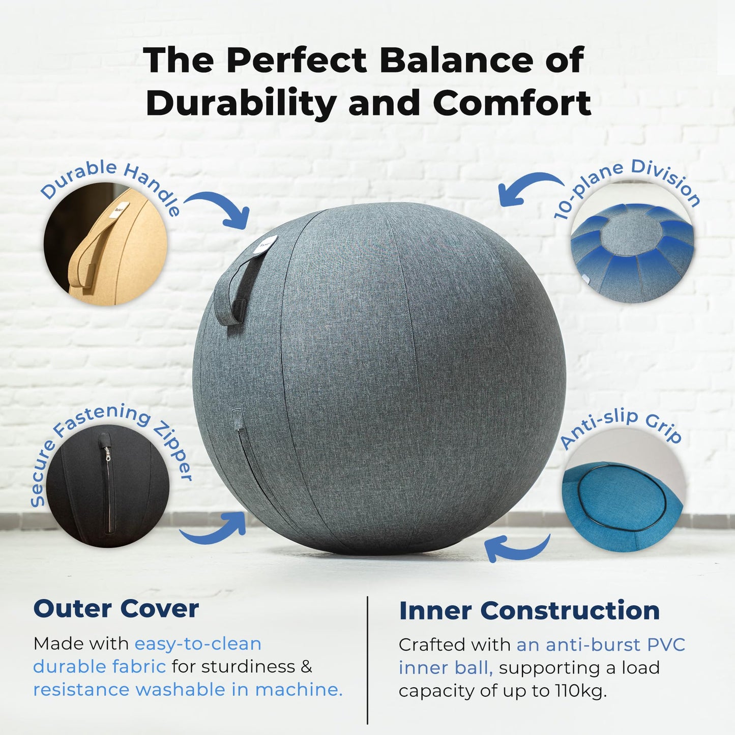 Backerz Balance Ball Chair for Office & Home - Ergonomic Exercise Ball for Posture & Back Pain Relief, Yoga Ball Chair - Sitting Ball with Washable Linen Cover