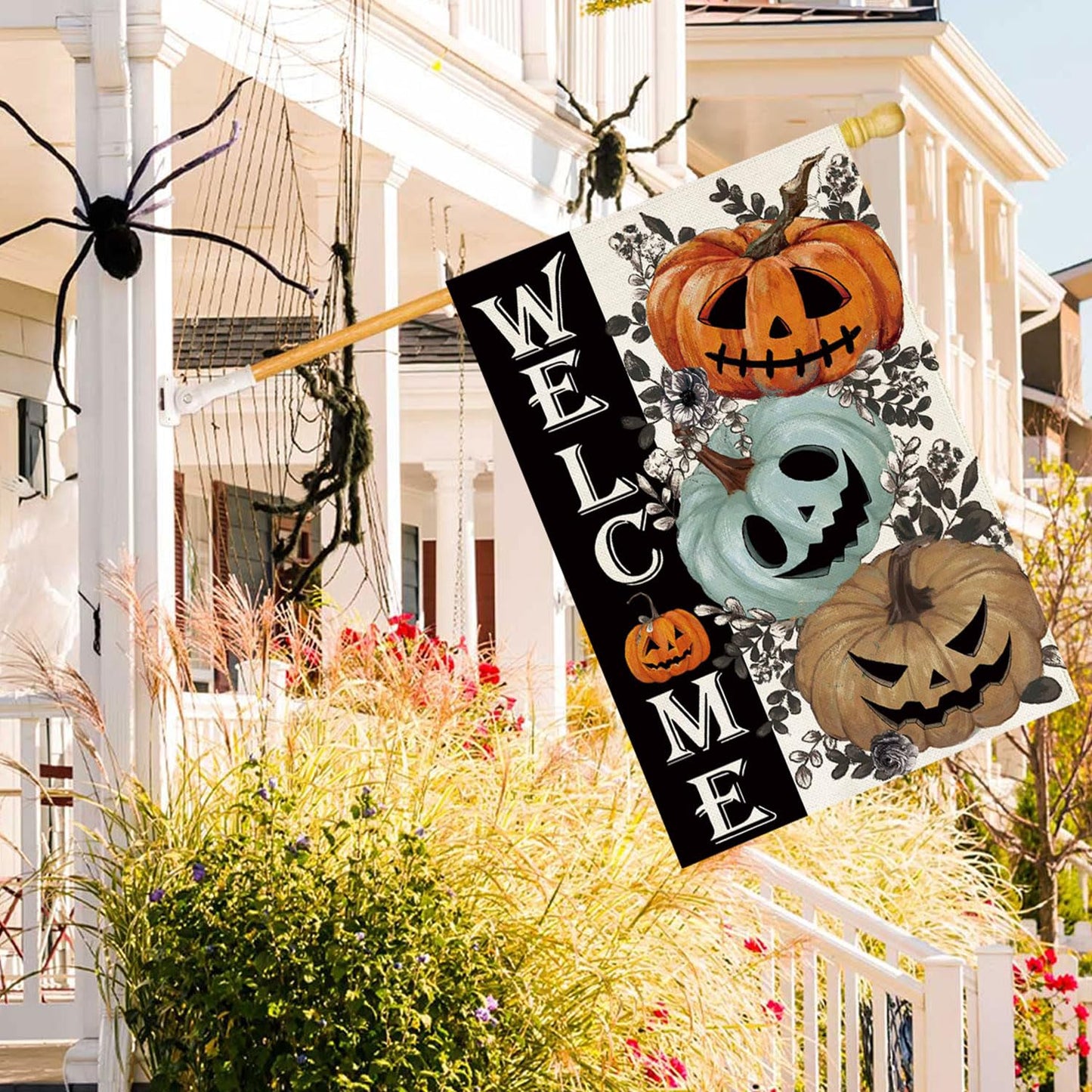 Baccessor Halloween House Flag 28 x 40 Inch Double Sided,Spooky Pumpkin Welcome Ghost Burlap Large Garden Flag Farmhouse Holiday Porch Patio Outdoor Outside Decoration
