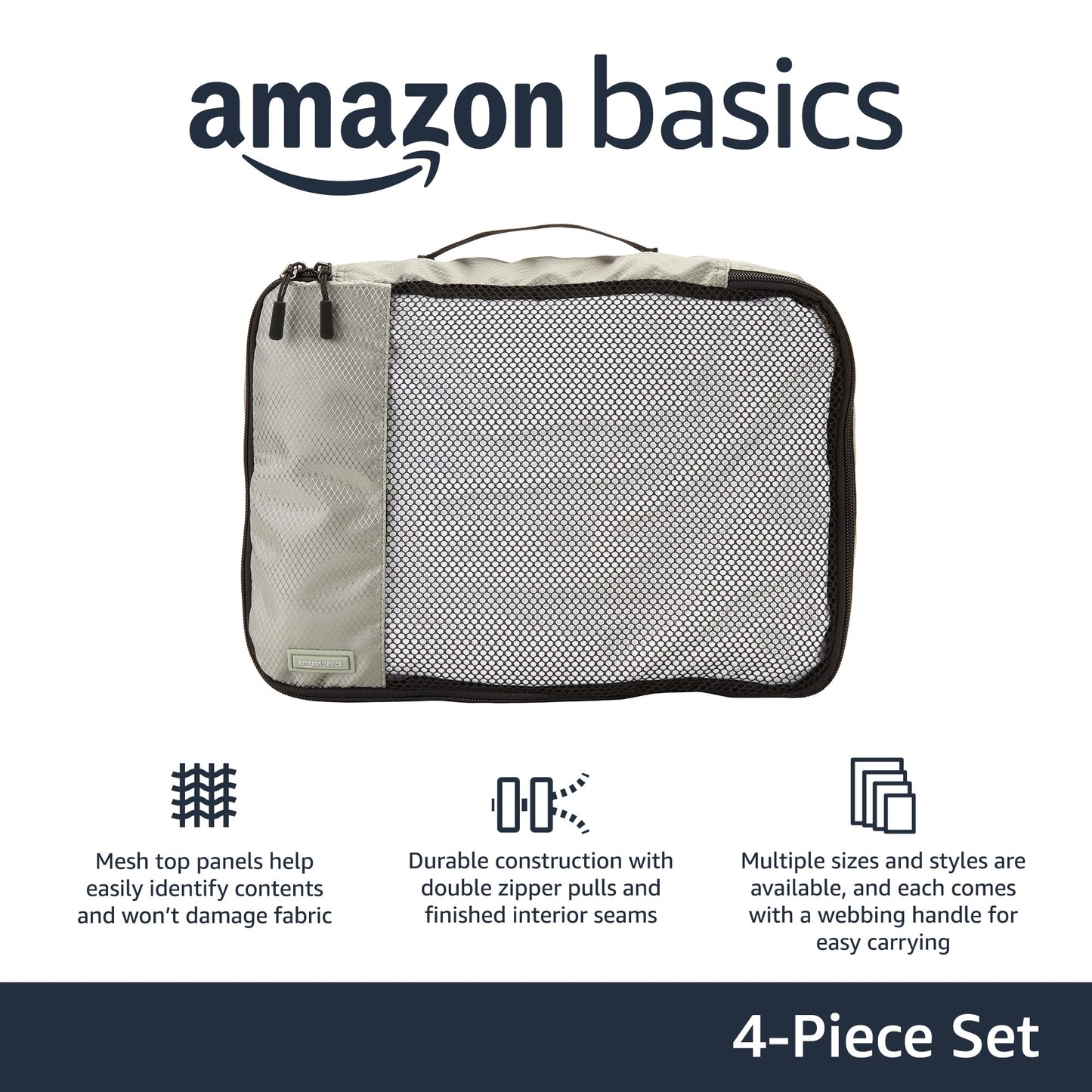 Amazon Basics 4 Piece Packing Cubes with Double Zipper and Mesh Top, Travel Organizer Set, Medium, Gray