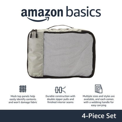 Amazon Basics 4 Piece Packing Cubes with Double Zipper and Mesh Top, Travel Organizer Set, Medium, Gray