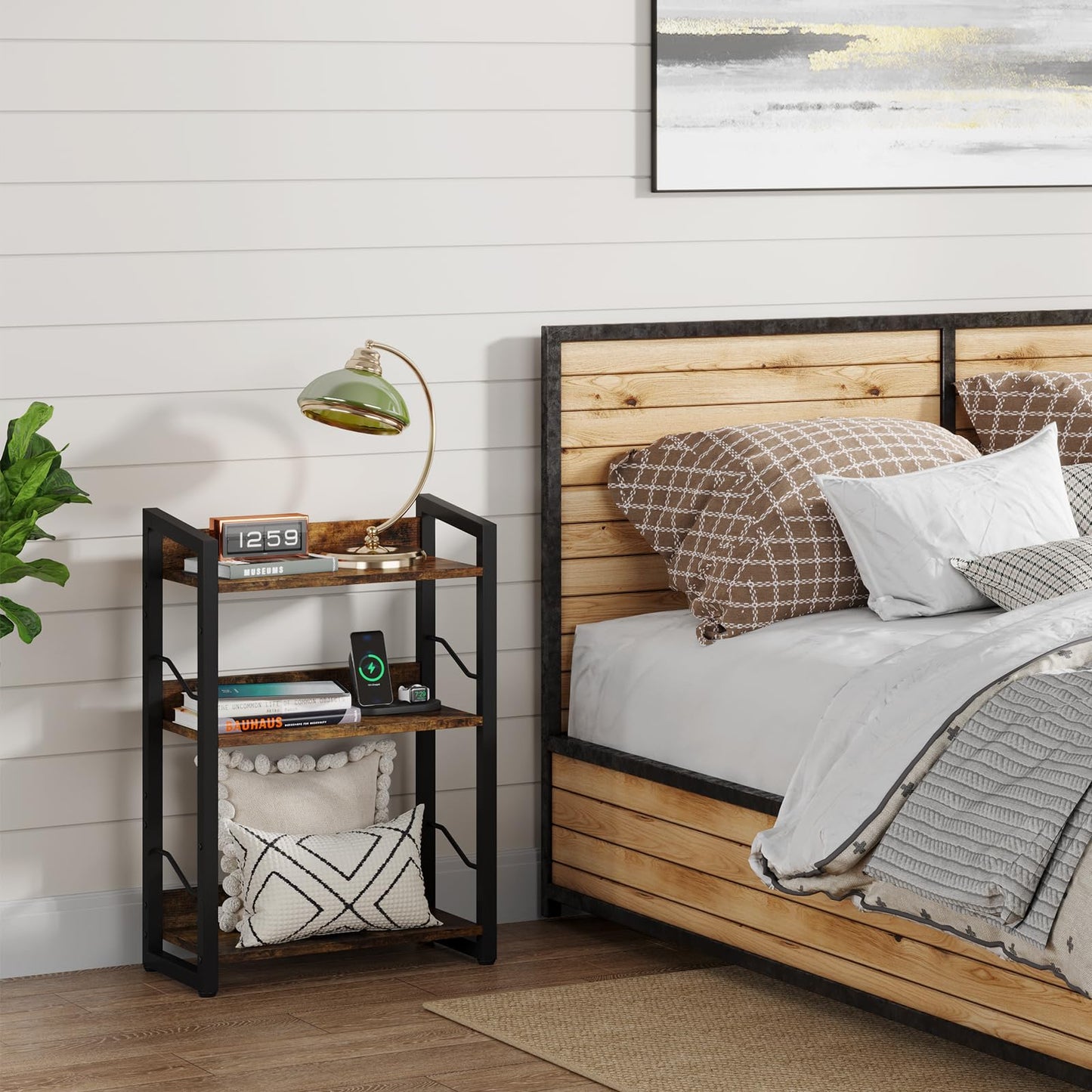 Hosfais Book Shelf Small Bookshelf: 3-Tier Wood Bookcase Industrial Bookshelf with Edge Protection Metal Narrow Bookcase Storage Organizer Display Rack for Bedroom Home Office (Rustic Brown)