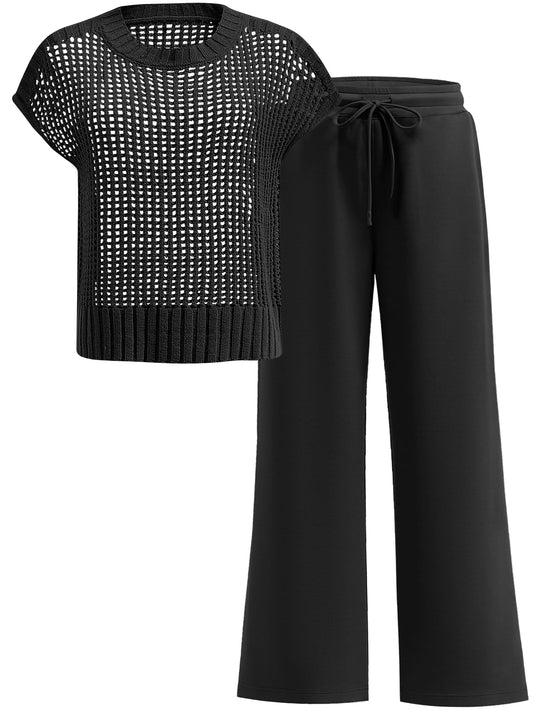 ANRABESS Women Two Piece Outfits Crochet Sheer Knit Sweater Top Wide Leg Pants Lounge Matching Sets Sweatsuit Travel Clothes Black X-Large
