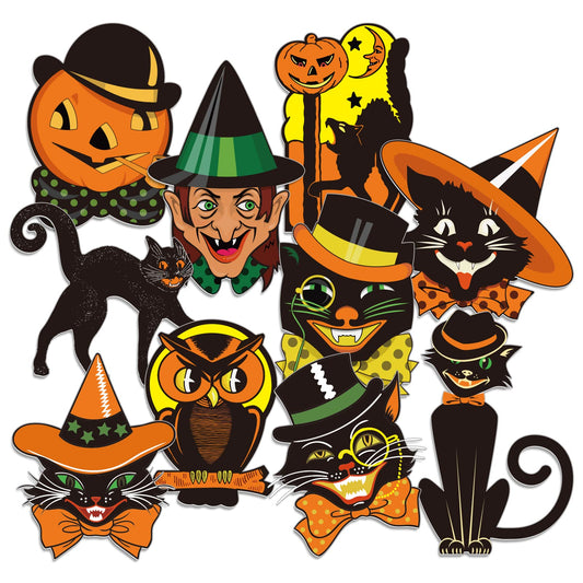 Whaline 40Pcs Vintage Halloween Cutouts, Retro Pumpkin Witch Cat Owl Assorted Cutouts Orange Black Classic Vintage Halloween Decorations for Trick or Treat Holiday Party Party Decor