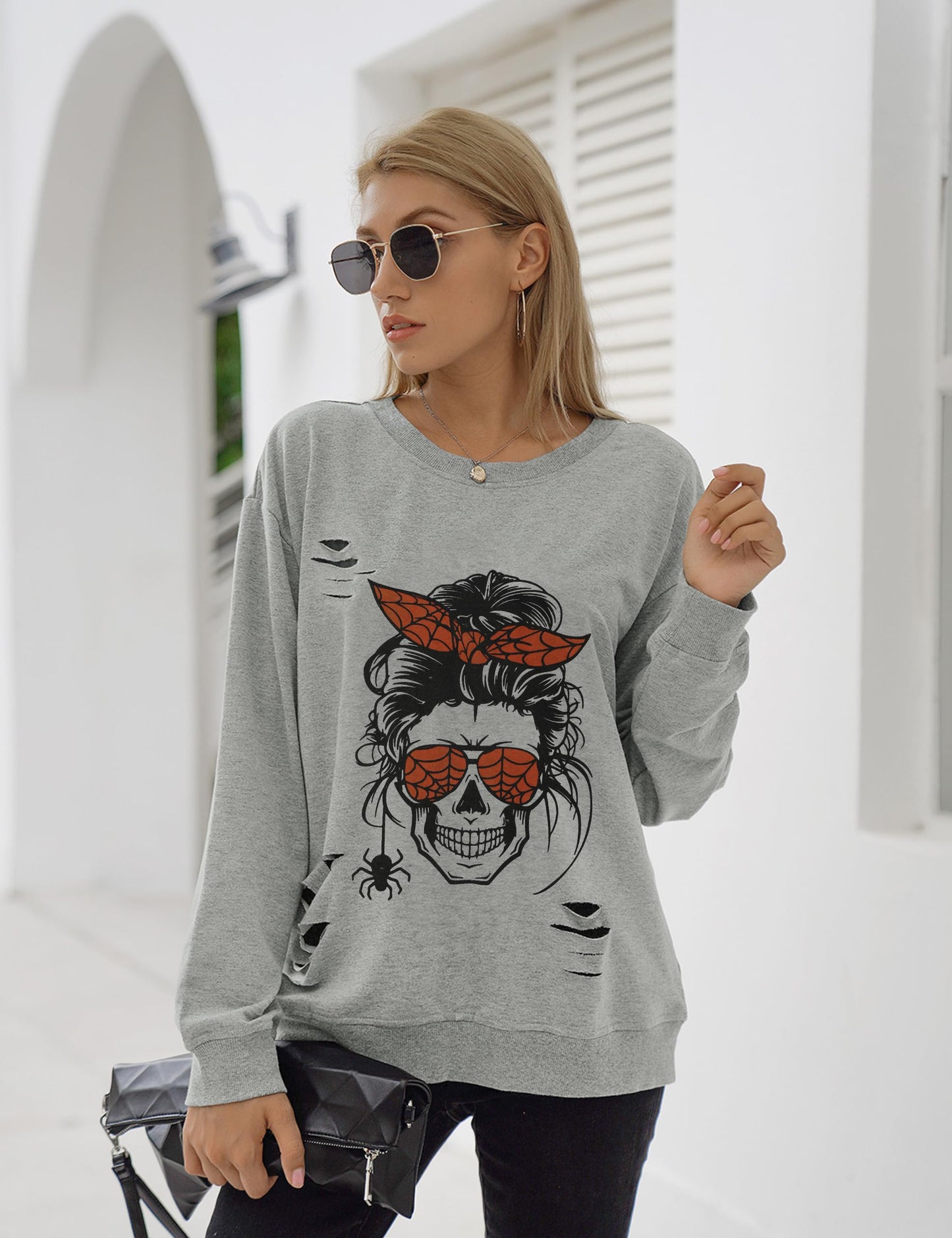 Blooming Jelly Women's Halloween Sweatshirts Skull Graphic T Shirts Long Sleeve Pullover Gothic Fall Trendy Outfits 2024 (Large, Gray-Spider)