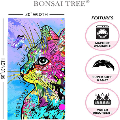 Bonsai Tree Cat Gifts Beach Towel for Women Girls, Cute Microfiber Bath Towel Gifts, Funny Sand Free Quick Dry Travel Towels for Women Kids Yoga Sports 30" X 60