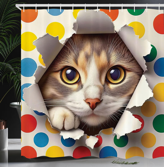 Ambesonne Cat Shower Curtain, Funny and Mischievous Kitty Peaking Through a Torn with Colorful Polka Dots Print, Cloth Fabric Bathroom Decor Set with Hooks, 69" W x 70" L, Multicolor